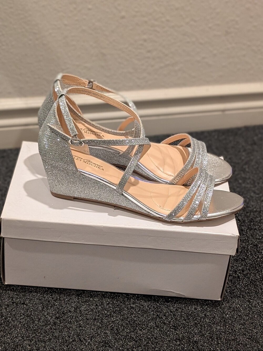 Badgley Mischka Queen Silver Glitter Wedge Sandals Size 11